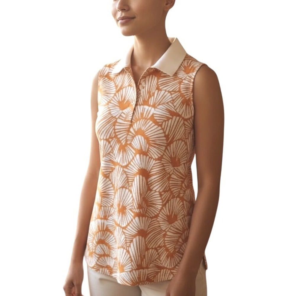 Tommy Bahama Golf Sleeveless Polo Shirt Orange Fan Print‎ Womens L Athleisure